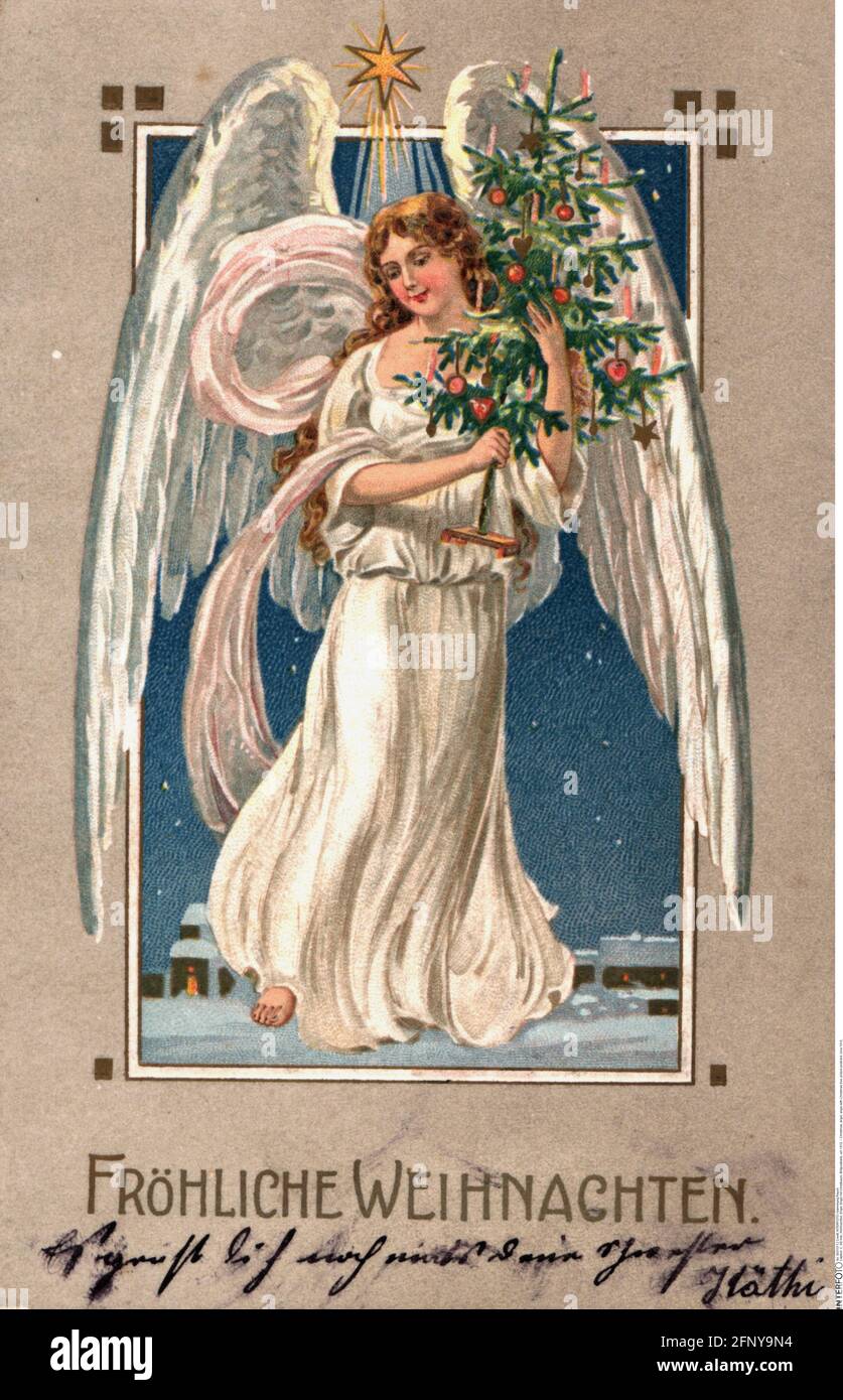 Weihnachten, Engel, Engel mit Weihnachtsbaum, Ansichtskarte, um 1910, ZUSÄTZLICHE-RIGHTS-CLEARANCE-INFO-NOT-AVAILABLE Stockfoto