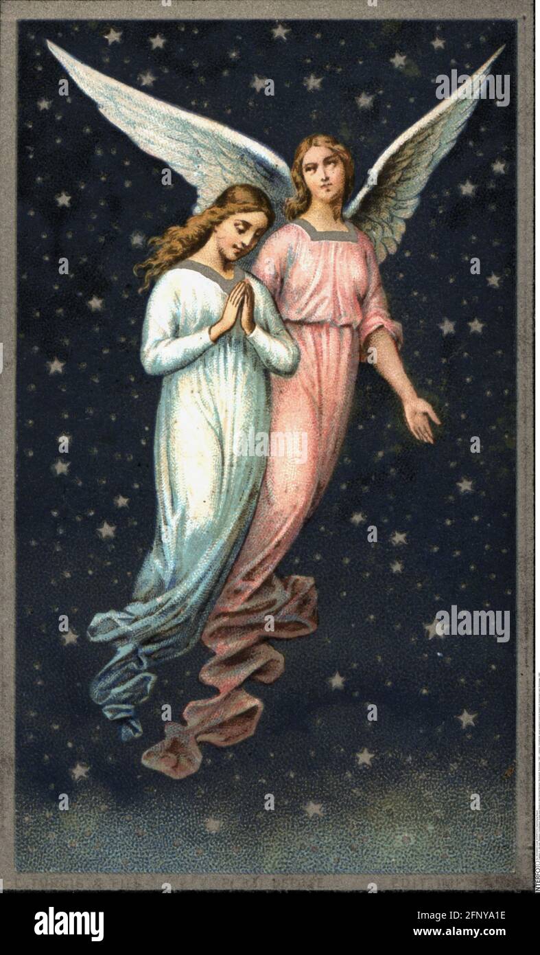 Religion, Christentum, Engel, der eine Seele in den Himmel führt, in memoriam Card, Schongau, 1891, ZUSÄTZLICHE-RIGHTS-CLEARANCE-INFO-NOT-AVAILABLE Stockfoto