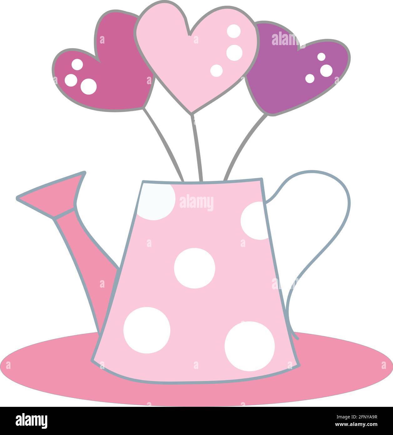 Eine niedliche rosa Vase in Form einer Gießkanne, mit einem Muster mit weißen Tupfen, mit einem Bouquet aus drei Herzen Stock Vektor