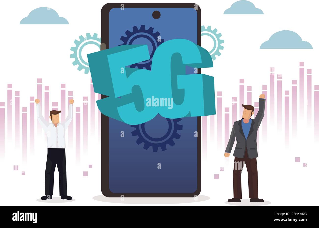 5G mit Mobiltelefon und Geschäftsleuten. Konzept des 5G-Netzes, Hochgeschwindigkeits-Mobilfunkinternet, Netze der neuen Generation. Flache Vektorgrafik. Stock Vektor