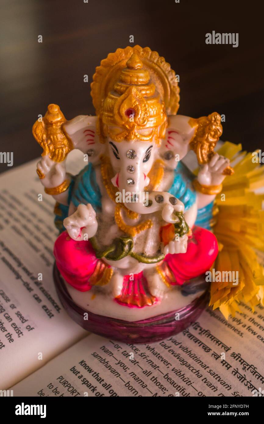 Ein schönes Idol von Lord Ganesha, das auf ein Buch gesetzt wurde Mit ein paar Blumen für das Ganpati Festival Stockfoto