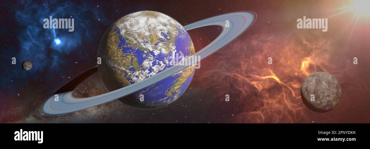 Erde wie ein außerirdischer Planet, lebensfreundlicher Exoplanet mit Ringsystem in der Nähe eines schönen Nebels (3d Science Illustration Banner) Stockfoto
