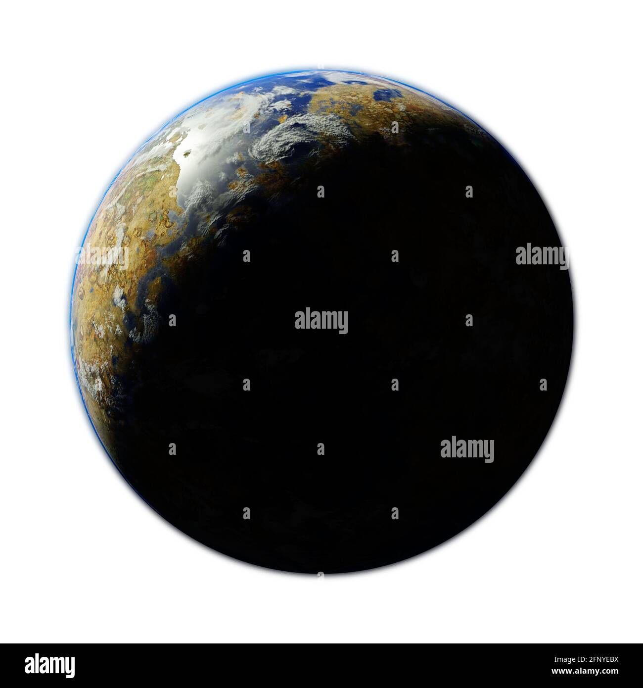 sonnenaufgang über fremden Planeten, Exoplanet mit Oberflächenwasser, Wolken und Pflanzenleben isoliert auf weißem Hintergrund (3d-Weltraumdarstellung) Stockfoto
