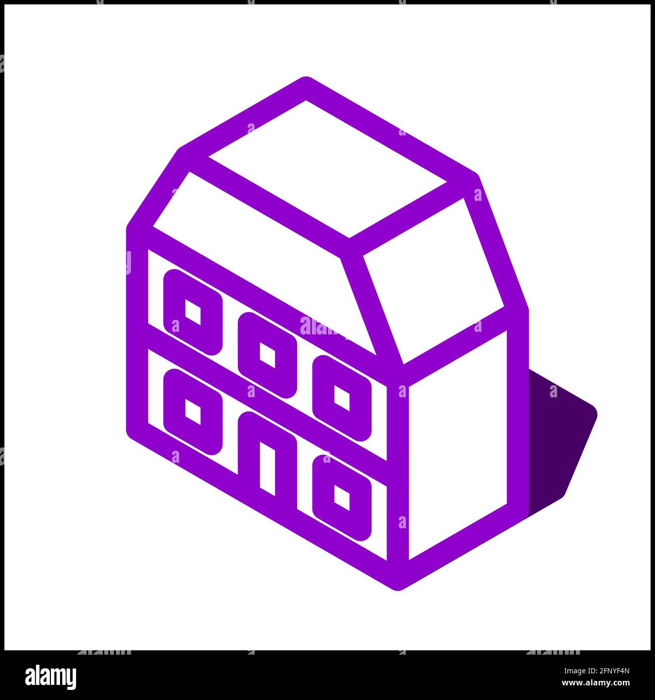 Apartment Icon in isometrischem flachem Design mit violetter Farbe und Schattenform. Stock Vektor