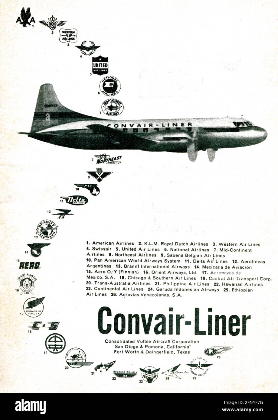 Convair Liner. Vintage alte Printwerbung von Reader's Digest, italienische Ausgabe 1952 Stockfoto