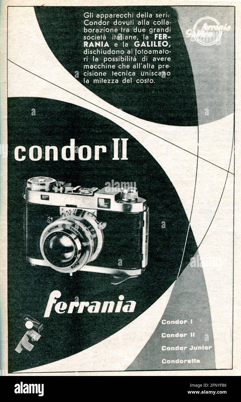 Ferrania Kamera. Vintage alte Printwerbung von Reader's Digest, italienische Ausgabe 1952 Stockfoto