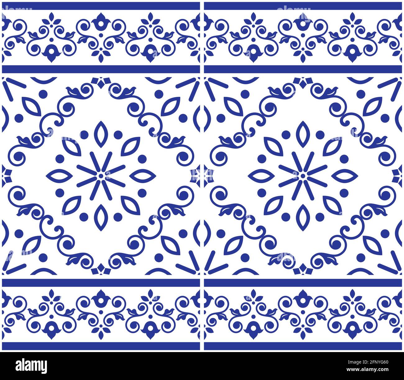 Azulejo Fliesen im Lissabonner Stil mit nahtlosem Vektor-Indigo-Muster, elegantes, von der Kunst Portugals inspiriertes dekoratives Design mit floralem und geometrischem Motiv Stock Vektor