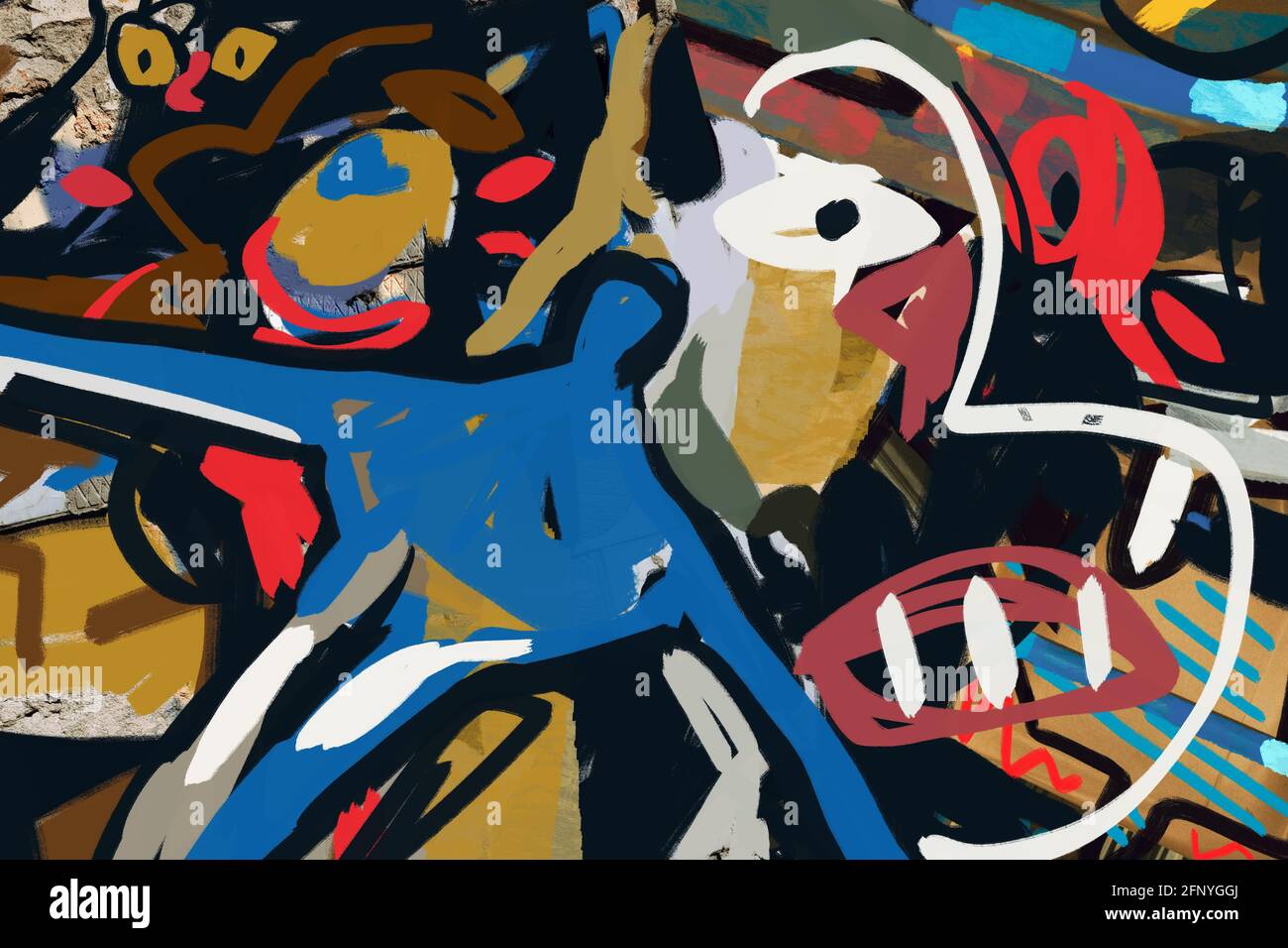 Street Art Graffiti Illustration mit Mix fotografische Collage. Basquiat und Post Expressionismus Art Vibe. Katze, menschliche Figur und Monster. Gruselig und Fu Stockfoto