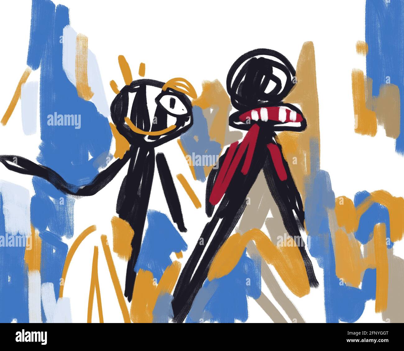 Kleiner Freund zusammen. Abstrakter und postexpressionistische Kunst. Graffiti und Basquiat-Vibe. Abstract Concept Art Malerei für T-Shirt, Print, Poster und Stockfoto
