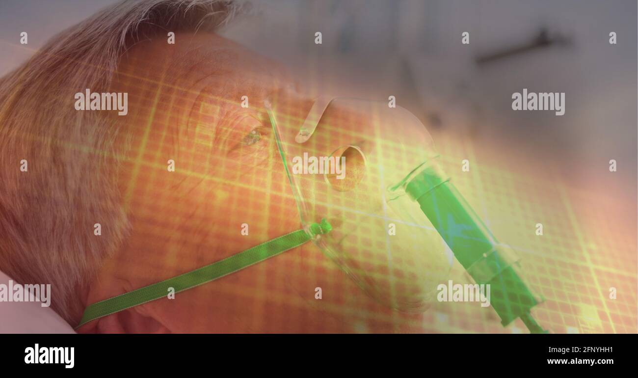 Gitterlinien über einen leitenden Mann in einer Sauerstoffmaske, Gesundheitskonzept Stockfoto