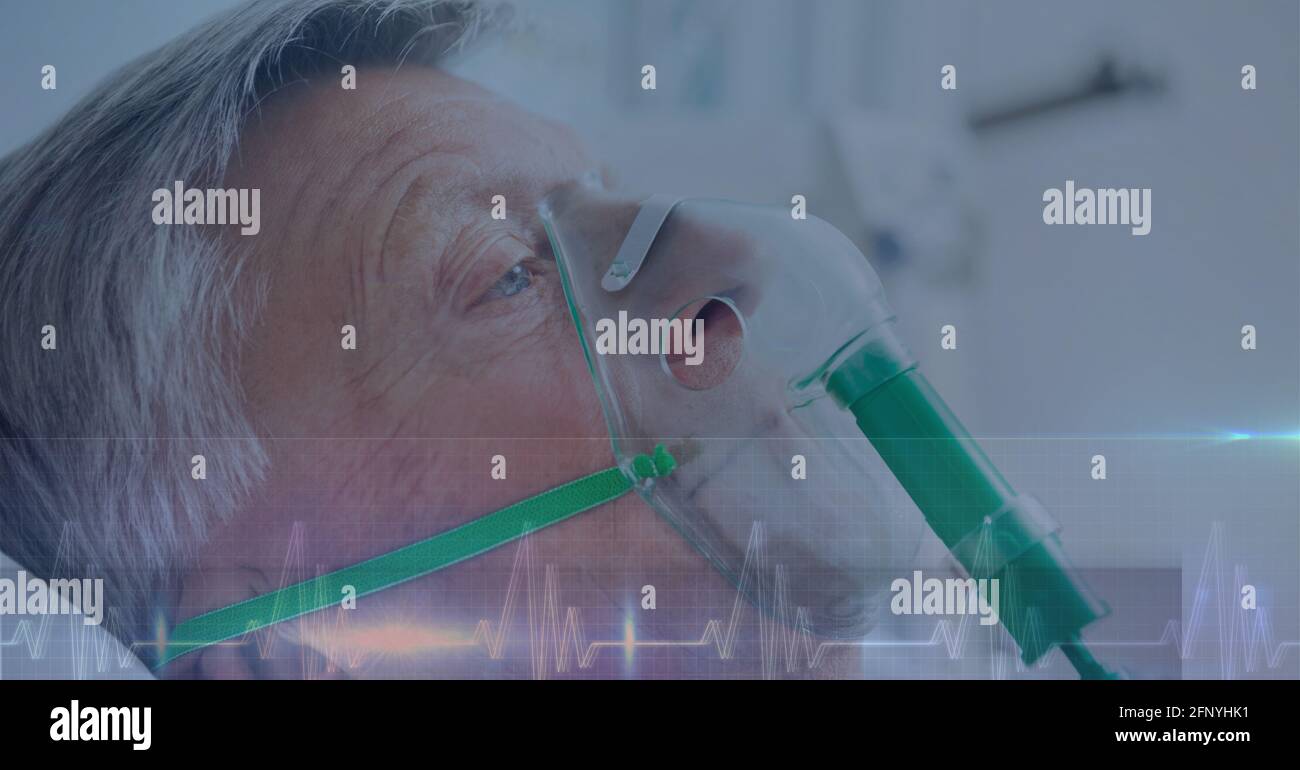 Herzfrequenz über einem älteren Mann in einer Sauerstoffmaske, Gesundheitskonzept Stockfoto