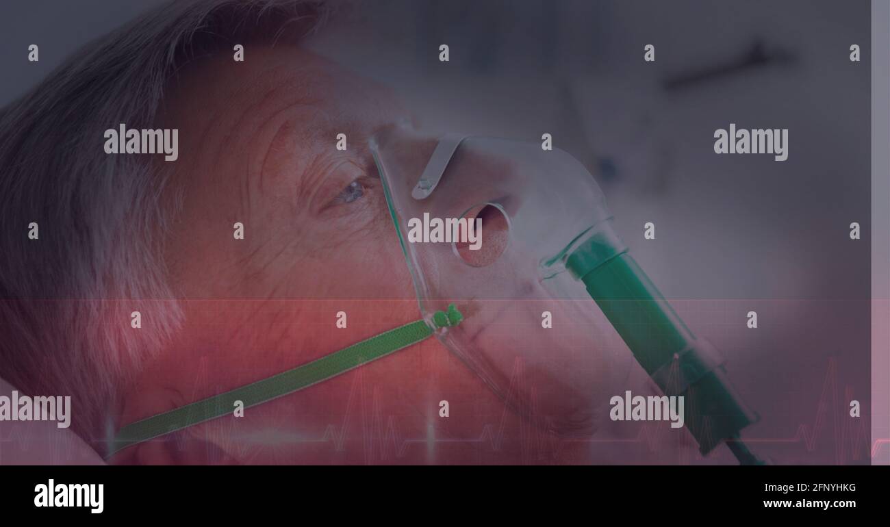 Herzfrequenz über einem älteren Mann in einer Sauerstoffmaske, Gesundheitskonzept Stockfoto