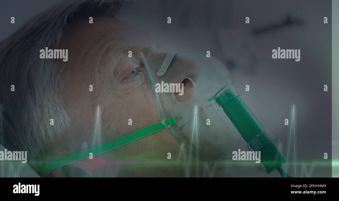 Herzfrequenz über einem älteren Mann in einer Sauerstoffmaske, Gesundheitskonzept Stockfoto
