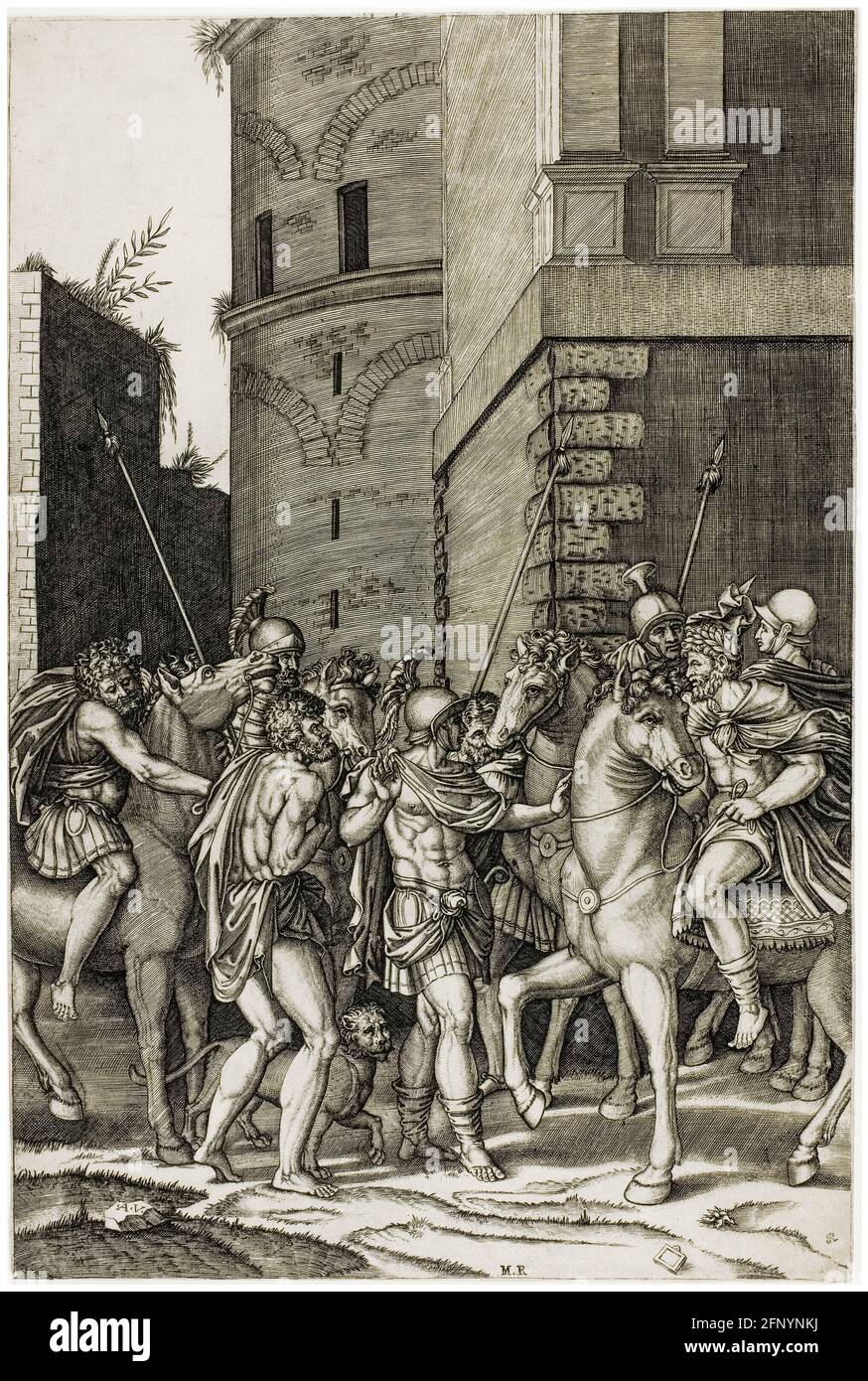 Römischer Kaiser (Claudius?) Befreiung der Sklavenandrokles (Androkles und der Löwe), Stich von Agostino dei Musi, 1516-1517 Stockfoto