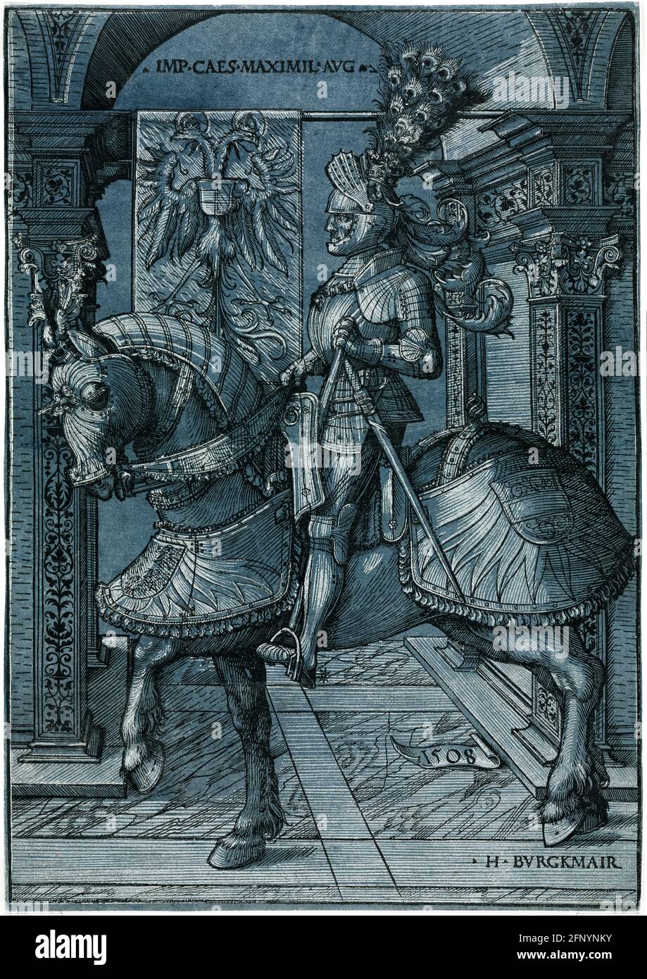 Maximilian I. (1459-1519), Kaiser des Heiligen Römischen Reiches 1508-1519, Reiterporträt in voller Rüstung von Hans Burgkmair dem Älteren, Holzschnitt, 1508 Stockfoto