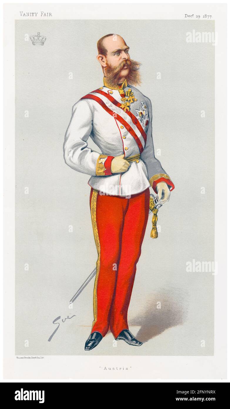 Franz Joseph I. von Österreich (1830-1916), Kaiser von Österreich und der Österreichisch-Ungarischen Monarchie (1848-1916), lithographische Karikatur von Peter, 1877 Stockfoto