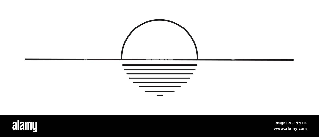 Symbol „Sonne über Meer“. Horizont. Sonnenuntergang oder Sonnenaufgang der Sonne. Vektorgrafik auf weißem Hintergrund. Stock Vektor