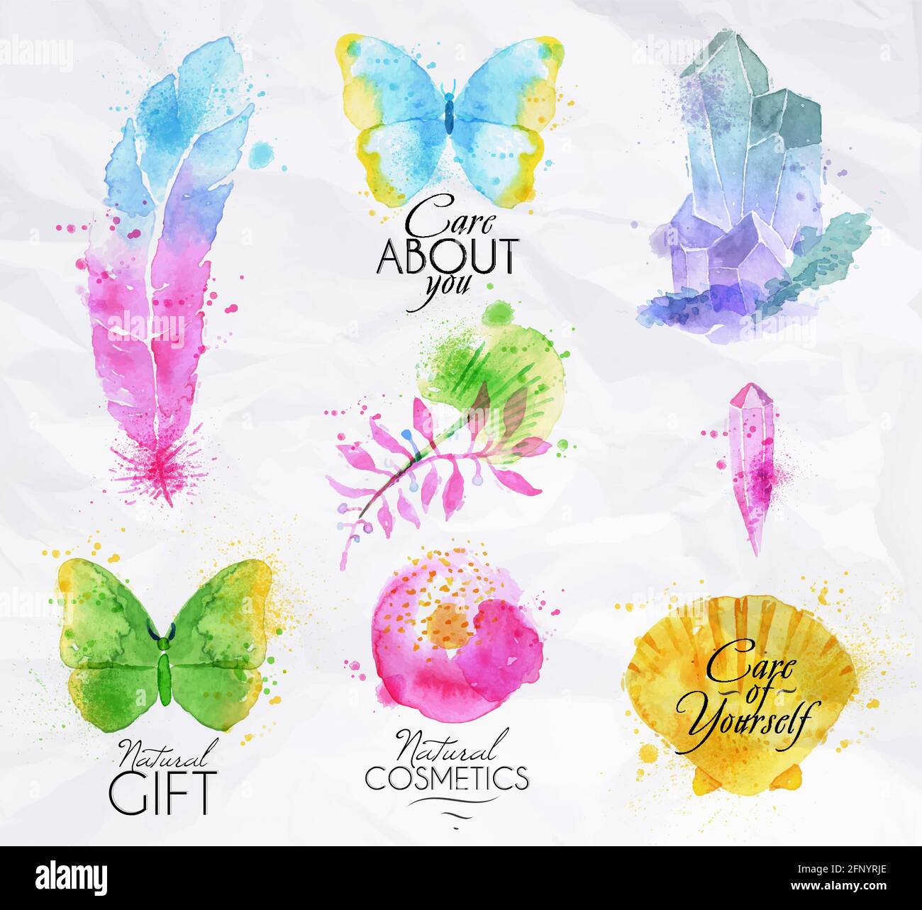 Satz von Symbolen Natur Aquarell gemalt Symbol Spray Tröpfchen Schmetterling, Feder, Äste, Kristall, Schale, Blume Stock Vektor