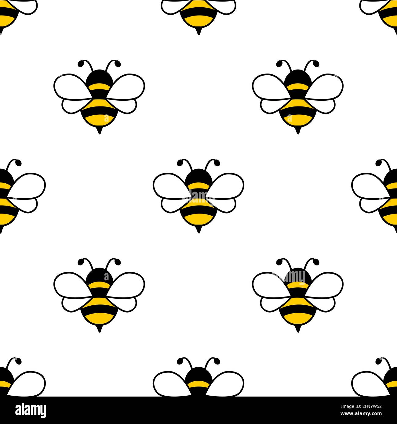 Nahtloses Muster mit fliegenden Bienen. Vektor Cartoon schwarz und gelb Bienen auf weißem Hintergrund isoliert. Stock Vektor