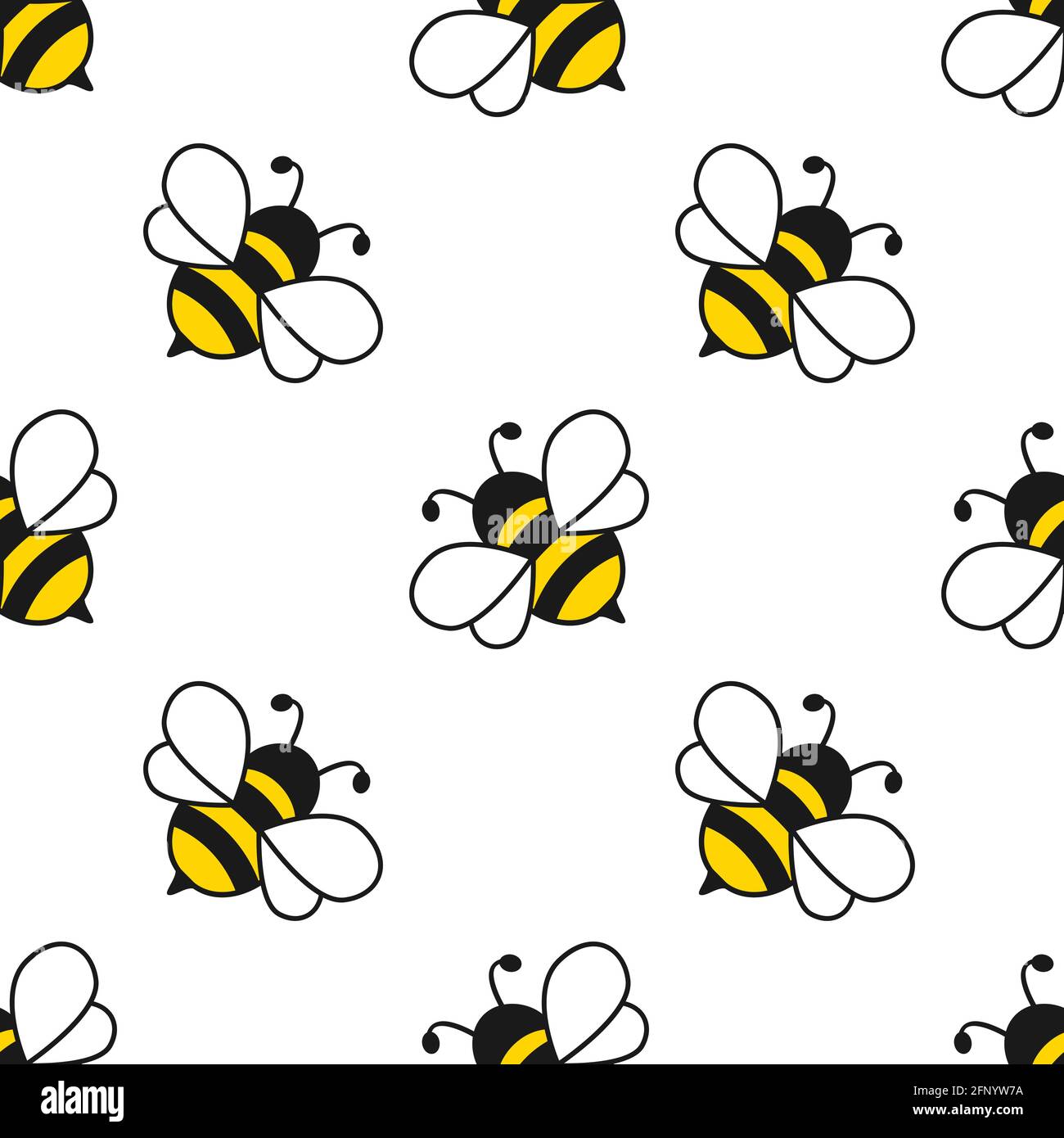 Nahtloses Muster mit fliegenden Bienen. Vektor Cartoon schwarz und gelb Bienen auf weißem Hintergrund isoliert. Stock Vektor