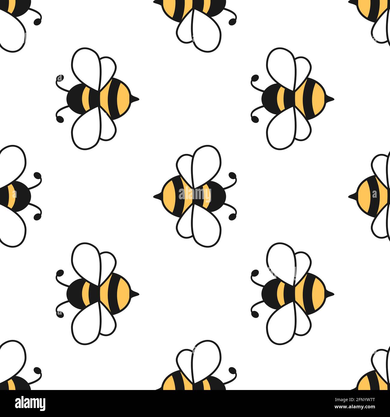 Nahtloses Muster mit fliegenden Bienen. Vektor Cartoon schwarz und gelb Bienen auf weißem Hintergrund isoliert. Stock Vektor