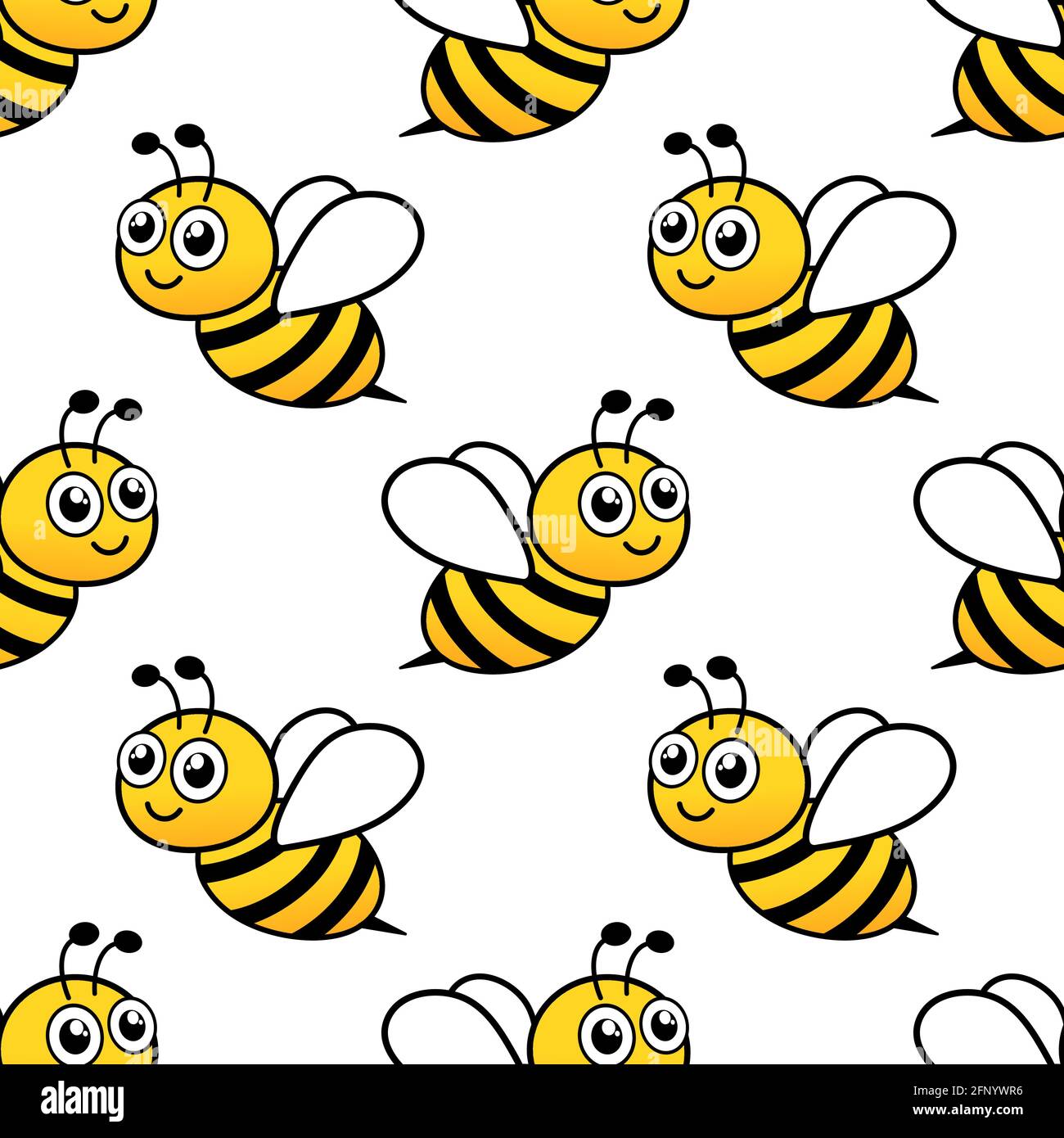 Nahtloses Muster mit fliegenden Bienen. Vektor Cartoon schwarz und gelb Bienen auf weißem Hintergrund isoliert. Stock Vektor