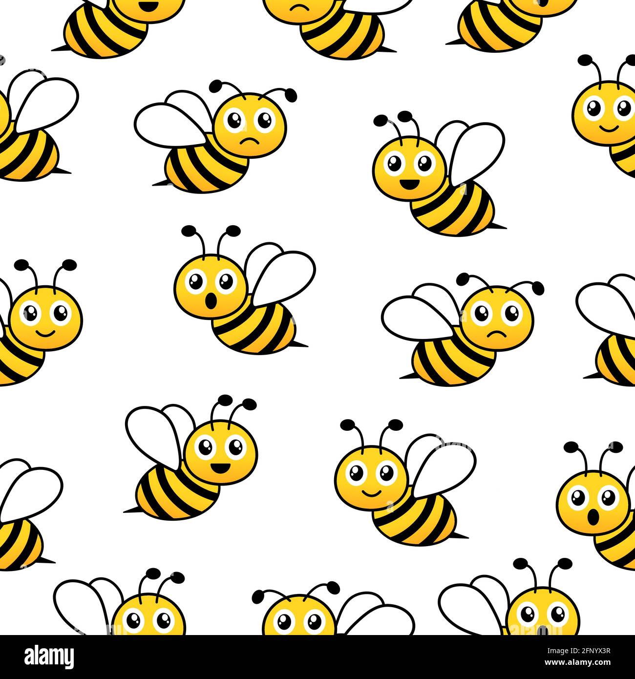 Nahtloses Muster mit fliegenden Bienen. Vektor Cartoon schwarz und gelb Bienen auf weißem Hintergrund isoliert. Stock Vektor