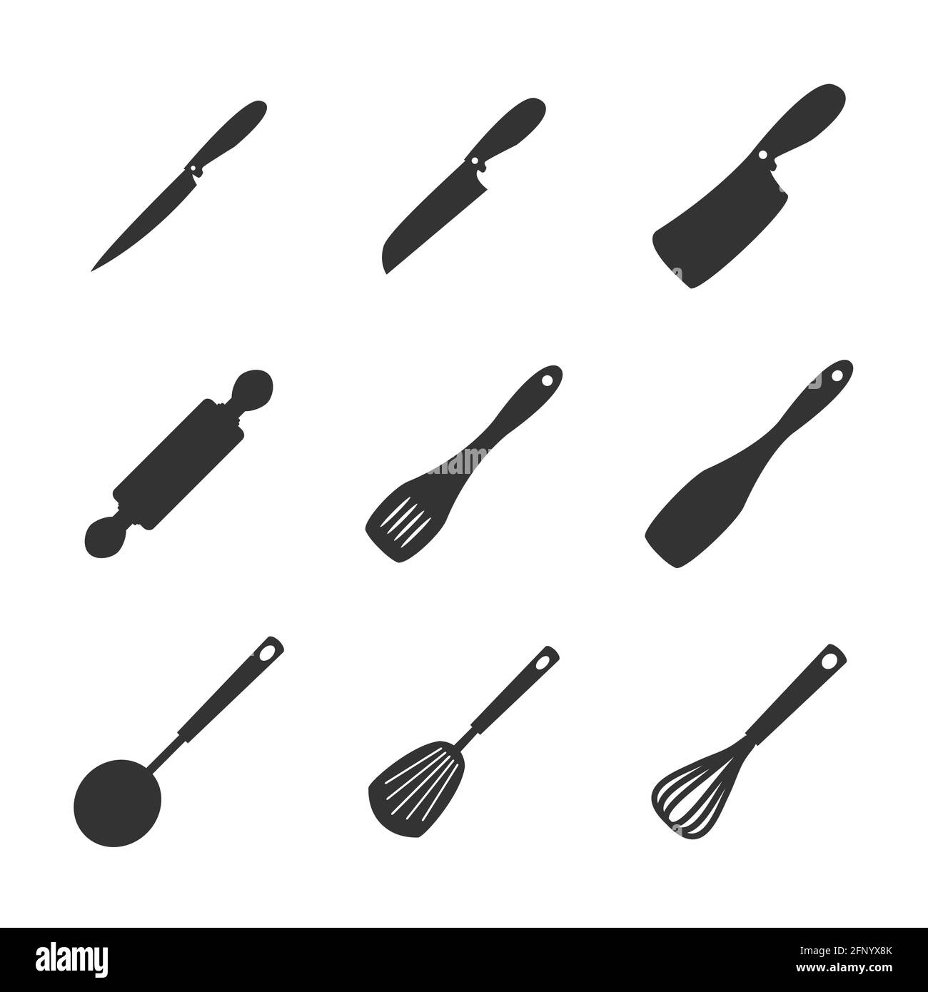 Küchengeräte Icon Set. Kochen Silhouette schwarzen Elementen. Symbole zum Abendessen. Vektordarstellung isoliert Stock Vektor