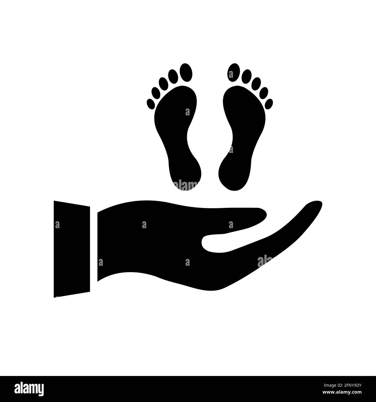 Menschliche Fußabdrücke auf der Hand. Hilfe schwarze Silhouette Konzept. Schutz- und Stützsymbol. Vektor auf Weiß isoliert Stock Vektor