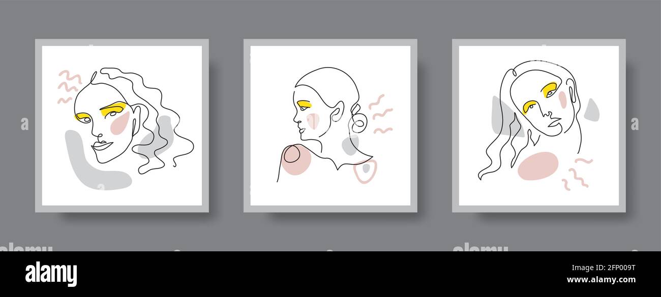 Gesicht, ein zeilenweiter Avatar, ein Symbol. Mädchen, Frau, weibliche Porträts. Minimalistisches Vektor-Symbol von Menschen mit Farbflecken. Für Schönheitssalon, Spa-Wandgestaltung Stock Vektor