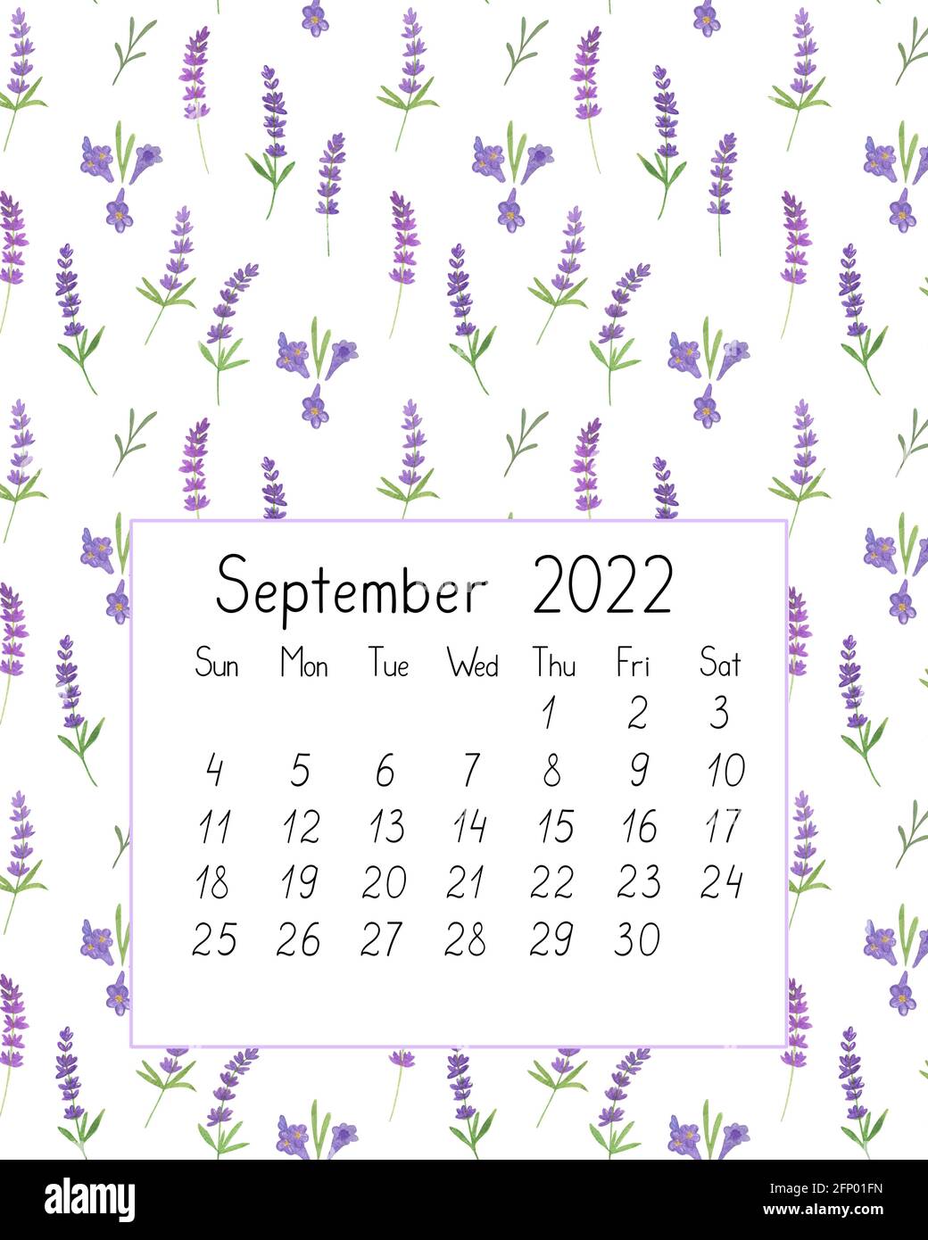 Kalenderseite das Jahr 2022 für September Aquarell floral nahtlose Illustration, druckbare Seite, handgezeichnete Muster der Französisch Provence Lavendel Flow Stockfoto