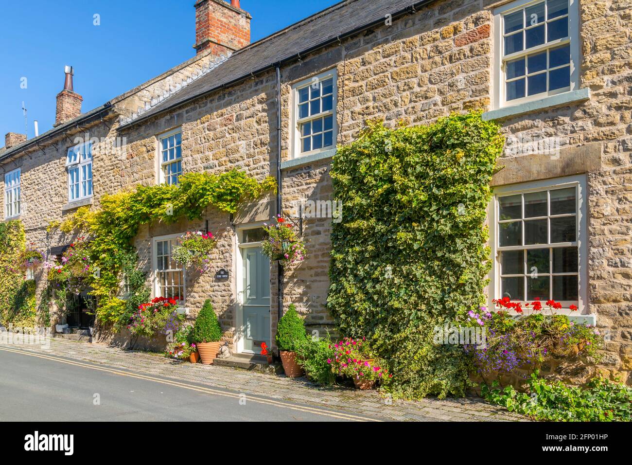Ansicht von Blumen in der Reihe von Hütten, Thornton Dale, North Yorkshire, England, Vereinigtes Königreich, Europa Stockfoto