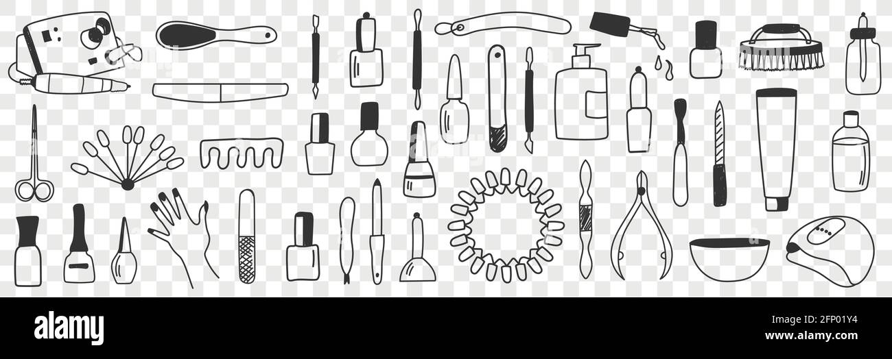 Ausrüstung für Maniküre Doodle Set. Sammlung von handgezeichneten verschiedenen Werkzeugen als Nagellack-Maschinen Lampen Schere für die professionelle Maniküre im Schönheitssalon isoliert auf transparentem Hintergrund Stock Vektor