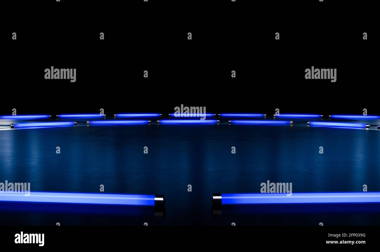 Eine schwarze, reflektierende Bühneneinstellung mit silbernen Designs, die von beleuchtet werden Eine kreisförmige Anordnung von blauen Neon-Leuchtstofflampen - 3D Rendern Stockfoto