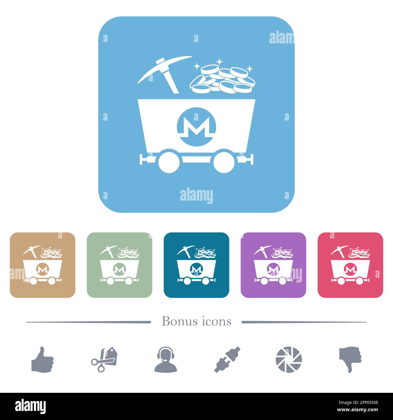 Monero Kryptowährungsbergbau mit weißen, flachen Symbolen auf farbigen, abgerundeten quadratischen Hintergründen. 6 Bonus-Symbole enthalten Stock Vektor