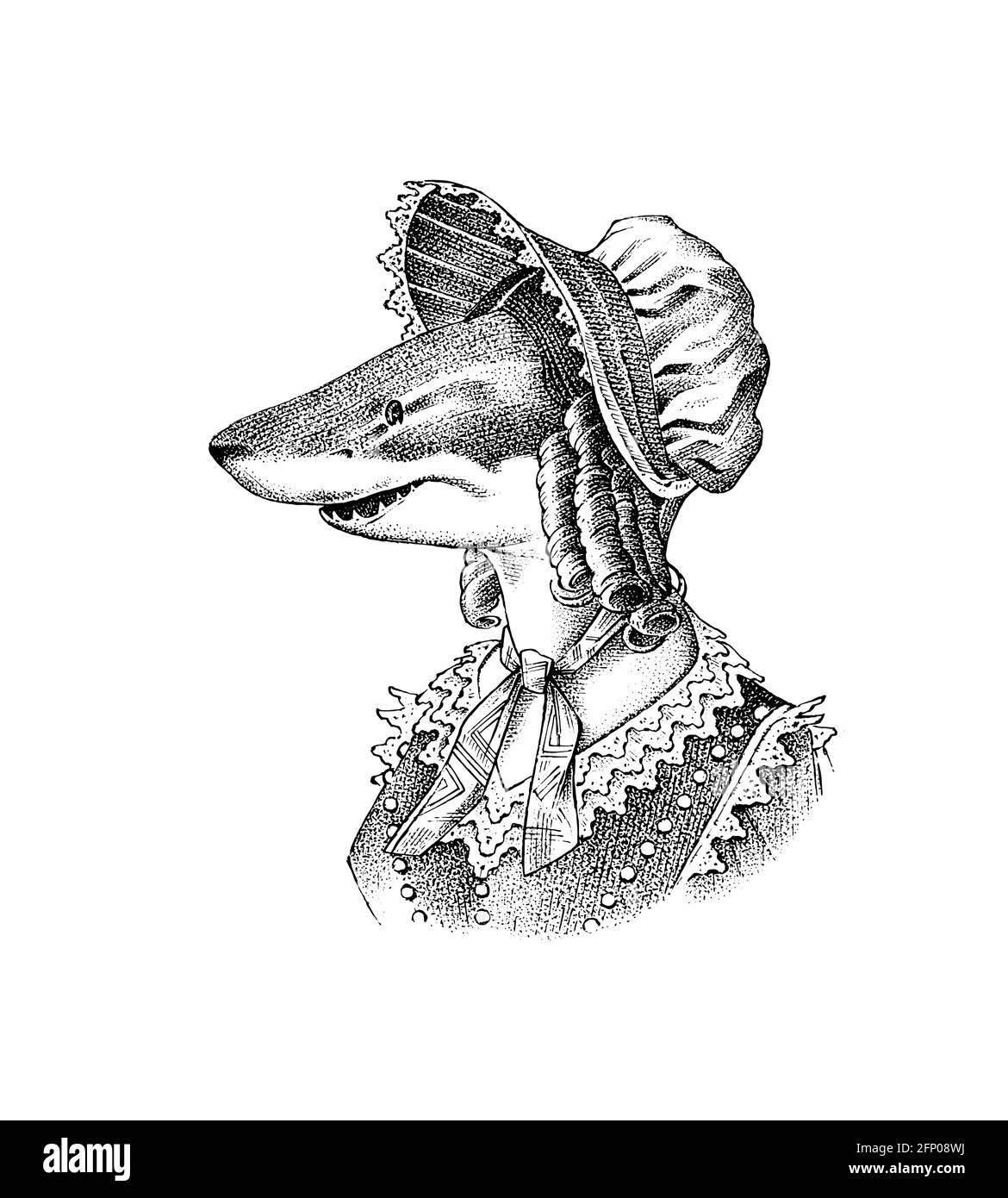 Fischhai und Mobcap. Viktorianische Frau in Hut und Anzug. Modischer Tiercharakter. Handgezeichnete Skizze. Vektor gravierte Illustration für Etikett, Logo und Stock Vektor