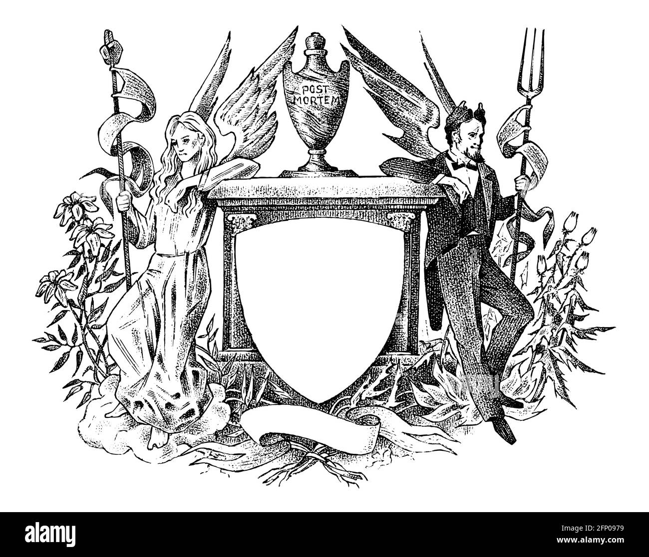 Engel und Teufel. Frau und Mann mit Flügeln. Dekoration für die Wappen. Mittelalterliche Jahrgangsheraldik. Ornament im Barockstil. Gravierter Rahmen Stock Vektor