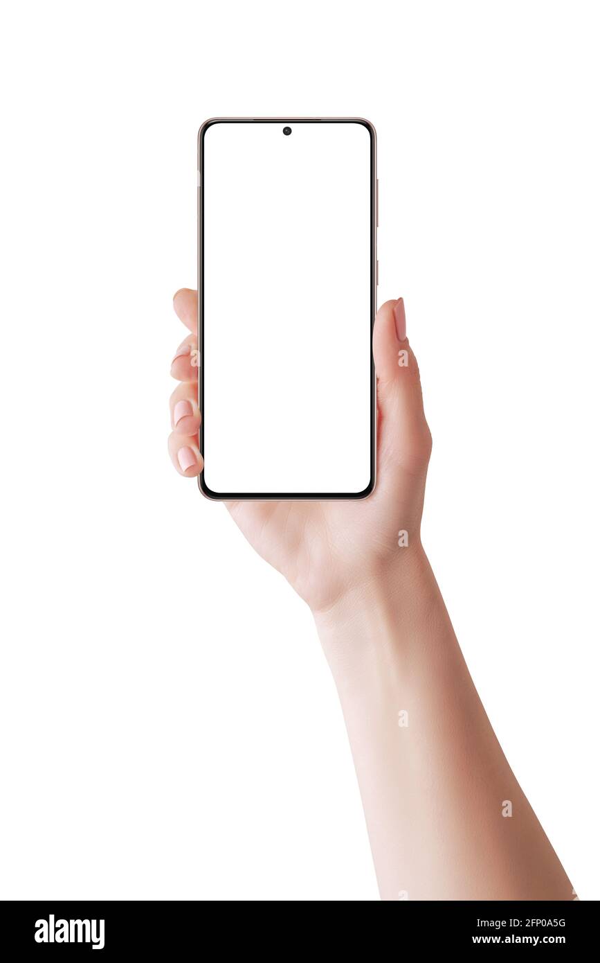 Modernes Smartphone in Frauenhand. Isolierter Bildschirm und Hintergrund für Mockup. Telefon-Rendering mit dünnen Kanten Stockfoto