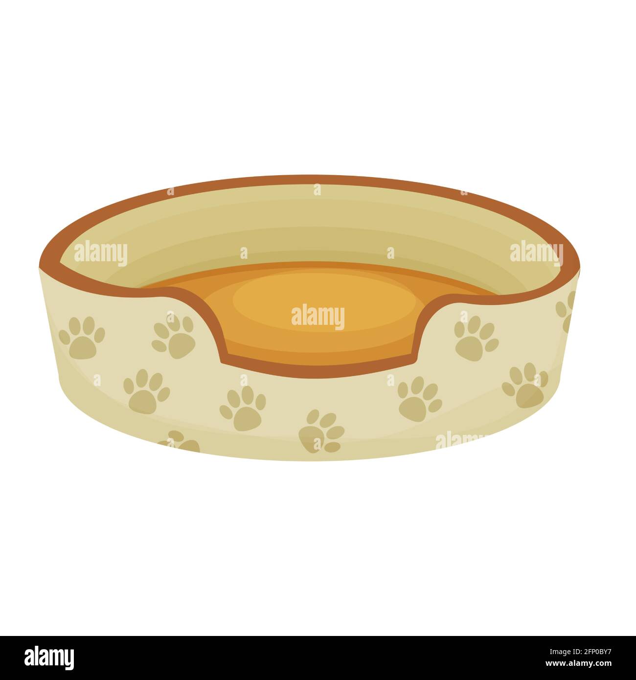 Niedliche Hund oder Katze Bett mit Pfote Muster in Cartoon-Stil auf weißem Hintergrund isoliert dekoriert. Haustier-Zubehör, bequemes Kinderbett, Korb zum Ausruhen. Vektor Stock Vektor