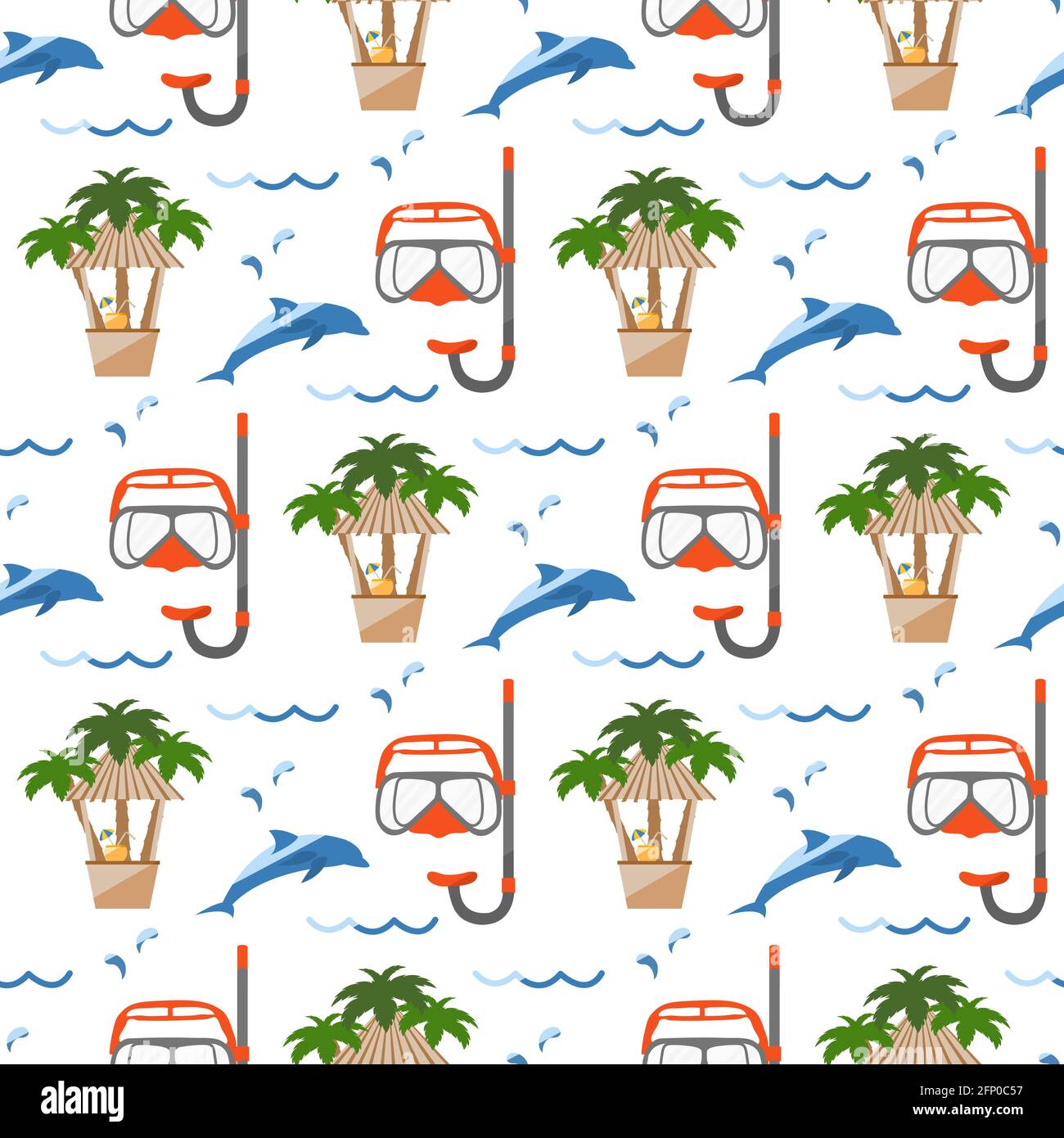 Vektor Nahtloses Muster Illustration Urlaub am Meer. Palmen, Strandbar, Tauchermaske, Schnorcheln, Delphin. Reisen. Sommerpause. Erholung. Desi Stock Vektor