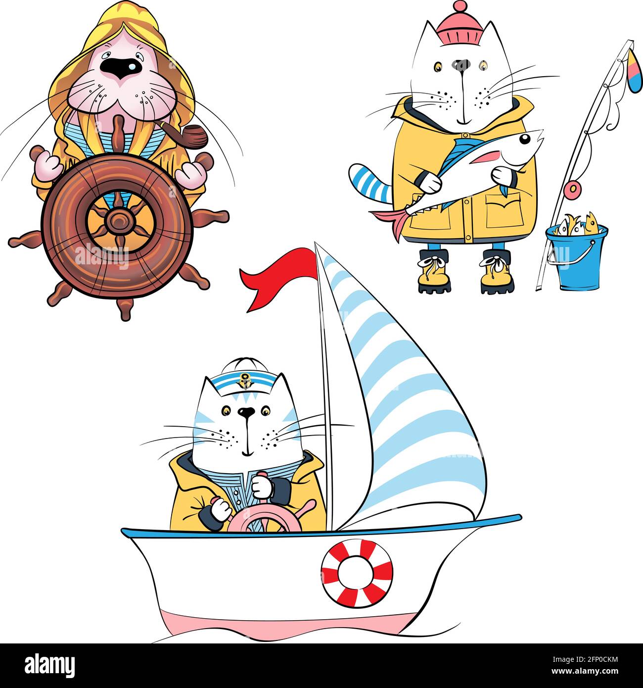 Vektor-Set von Cartoon-Seglern, Katzenfischer und Walrosskapitän Stock Vektor