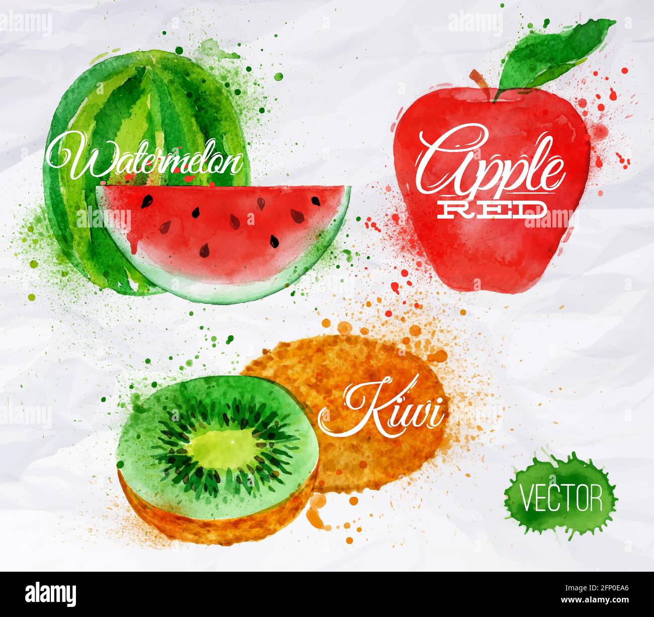 Obst-Set gezeichnet Aquarell Flecken und Flecken mit einem Spray Wassermelone, Kiwi, Apfelrot Stock Vektor