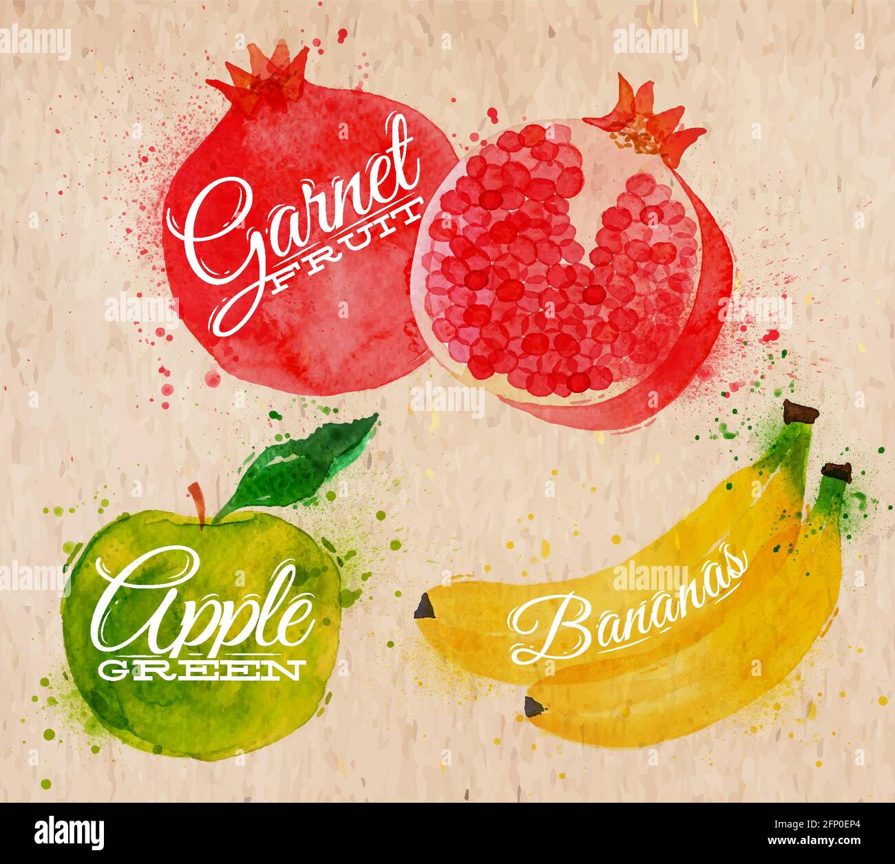 Obst-Set gezeichnet Aquarell Flecken und Flecken mit einem Spray Banane, Granatapfel, Apfelgrün in Kraft Stock Vektor