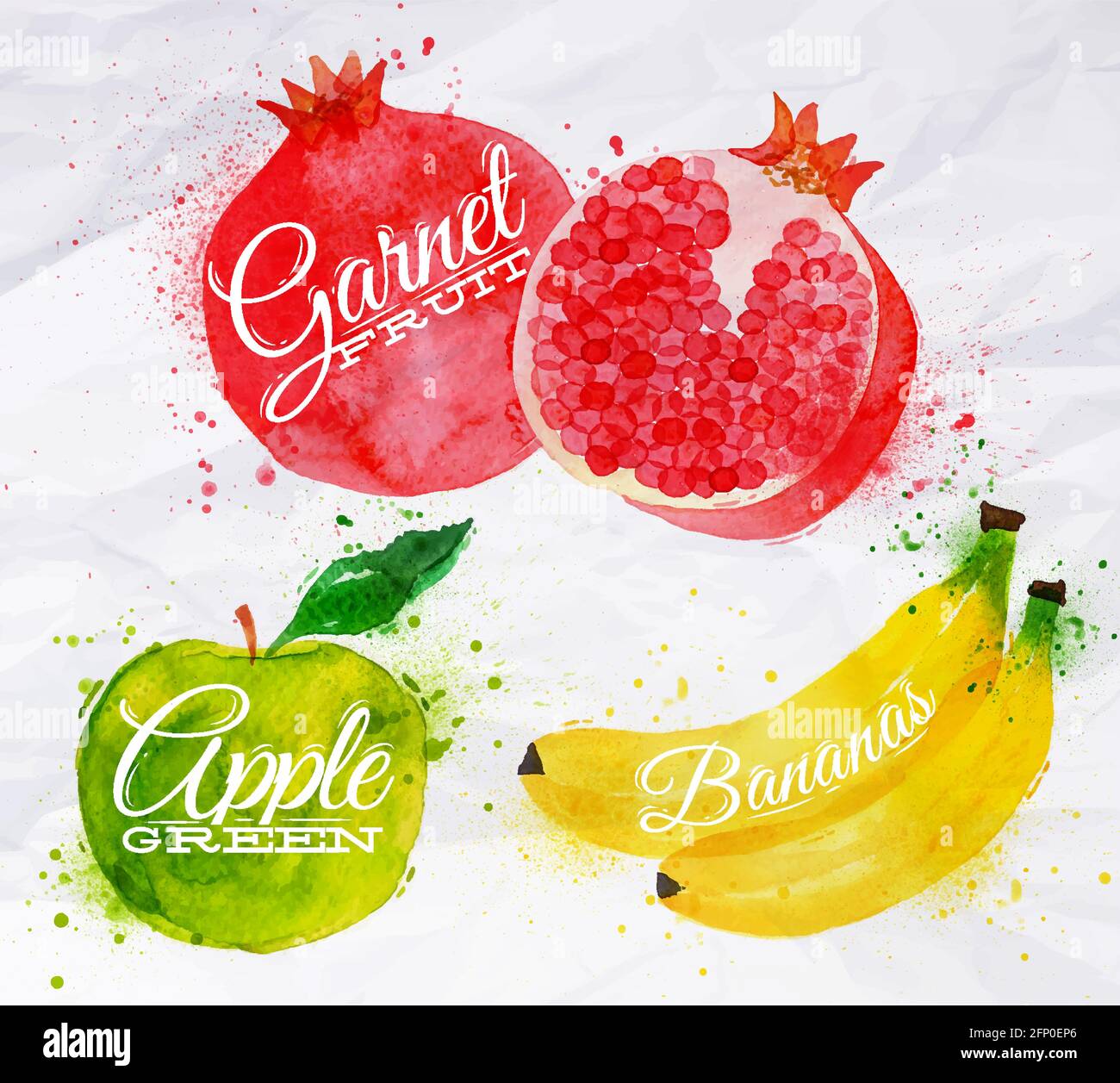 Obst-Set gezeichnet Aquarell Flecken und Flecken mit einem Spray Banane, Granatapfel, Apfelgrün Stock Vektor