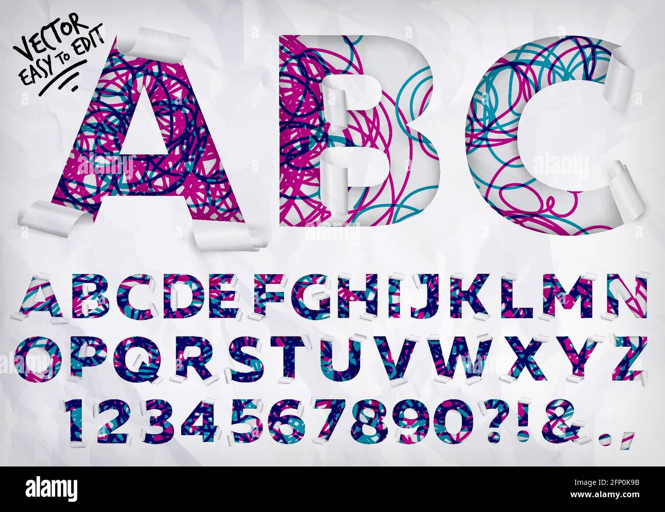 Alphabet umwickelte Kante der Buchstaben, die aus zerknittert herausgeschnitten wurden Papier auf farbigem Hintergrund Stock Vektor