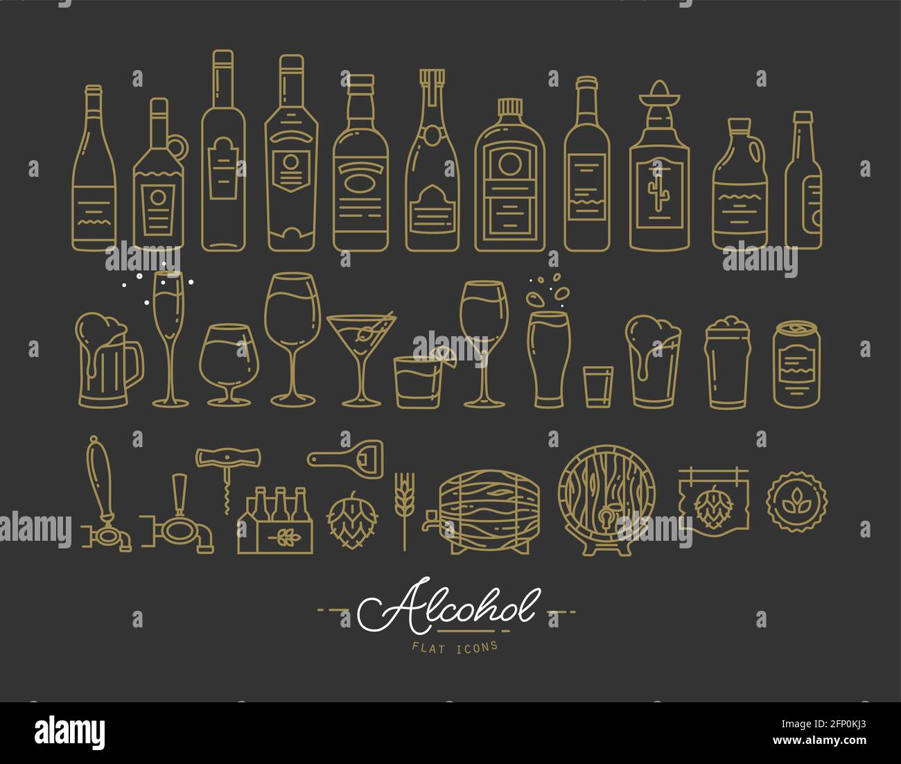 Satz von Alkohol-Ikonen in flacher Zeichnung mit Gold Linien auf schwarzem Hintergrund Stock Vektor