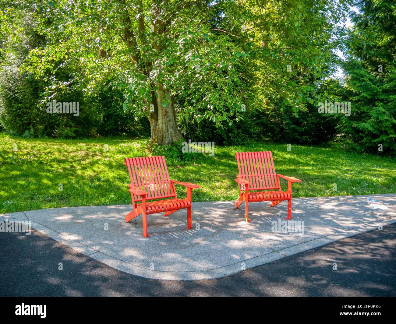 Erholungsgebiet in einem Park mit zwei roten Stühlen unter Der Baum Stockfoto