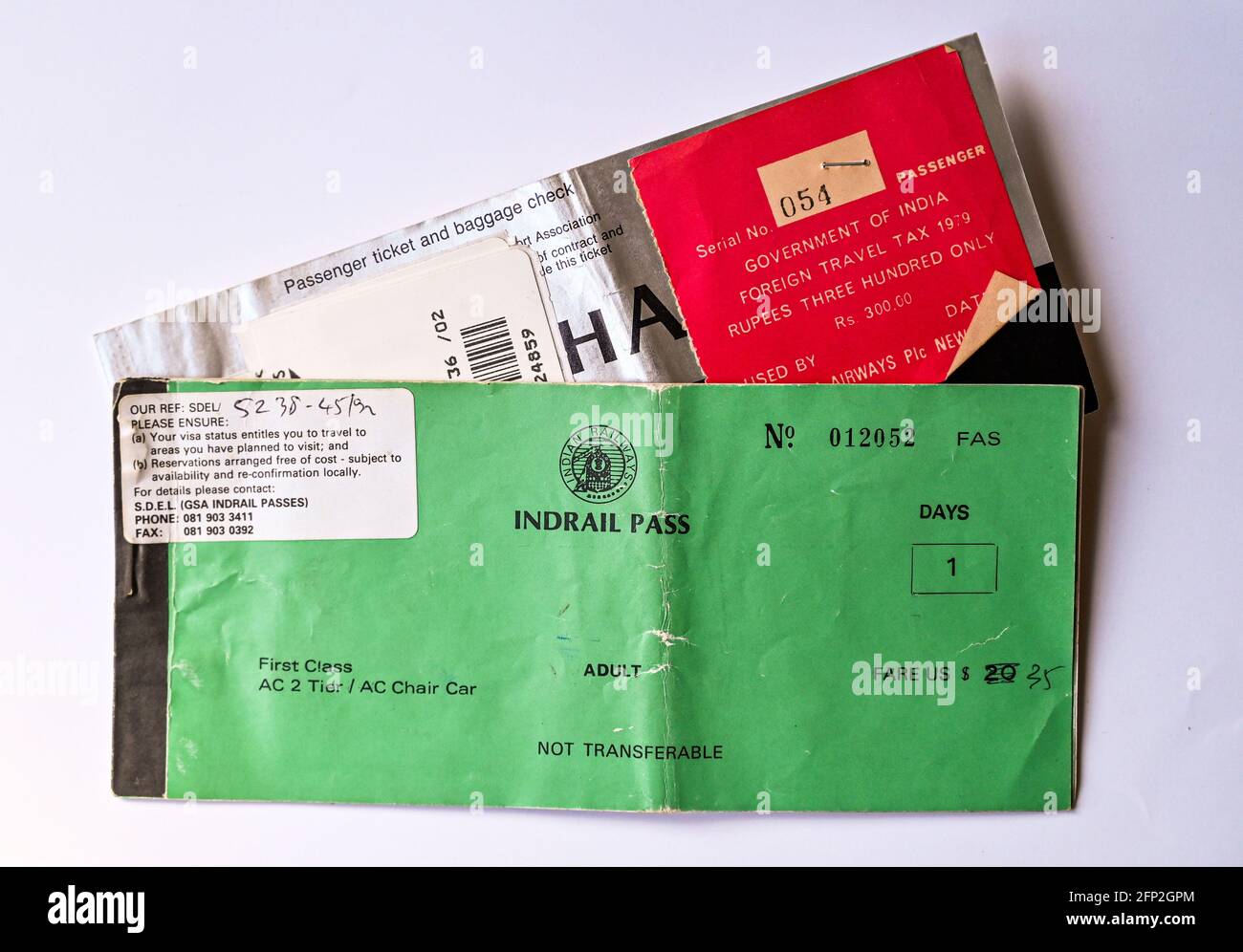 Indien Orissa State Oktober 1992 - ein Indrail-Pass Ticket und British Airways-Bordkarte Stockfoto