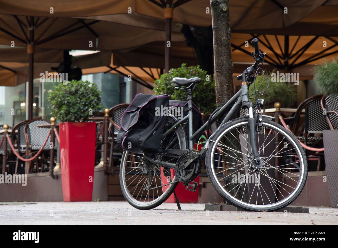 Schwarzes Fahrrad mit doppelter Fahrradtasche, die unter dem Baum geparkt ist An der Cafeterrasse Stockfoto