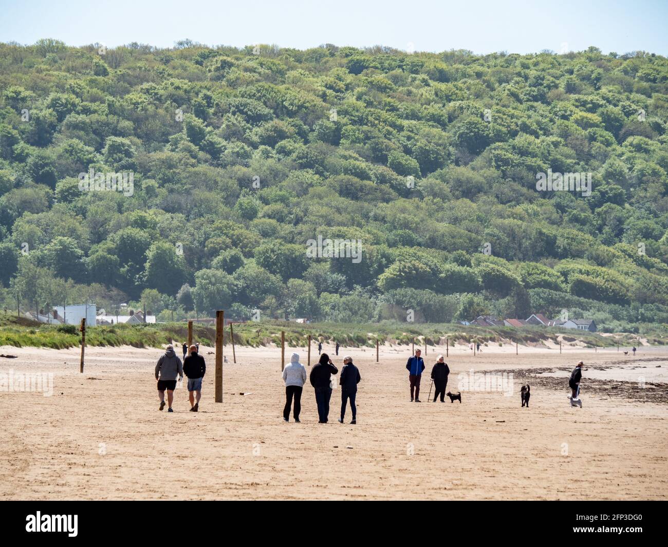 Die Menschen genießen einen Spaziergang am Strand von Sand Bay, in der Nähe von Weston-super-Mare, mit Weston Woods auf Worlebury Hill im Hintergrund. Stockfoto